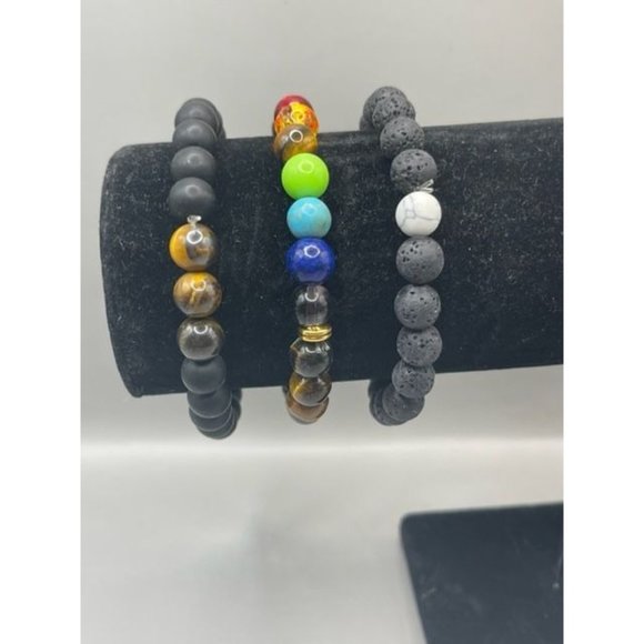 New 3 Pieces Black Lava Stone 7 Chakra Bracelets mix 8mm Rock Bead Elast… - Picture 1 of 2